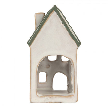 Haus Teelichthalter "Smilla" aus grauer und grüner Keramik von Clayre & Eef, 13 cm hoch, stilvoller Kerzenhalter für Zuhause