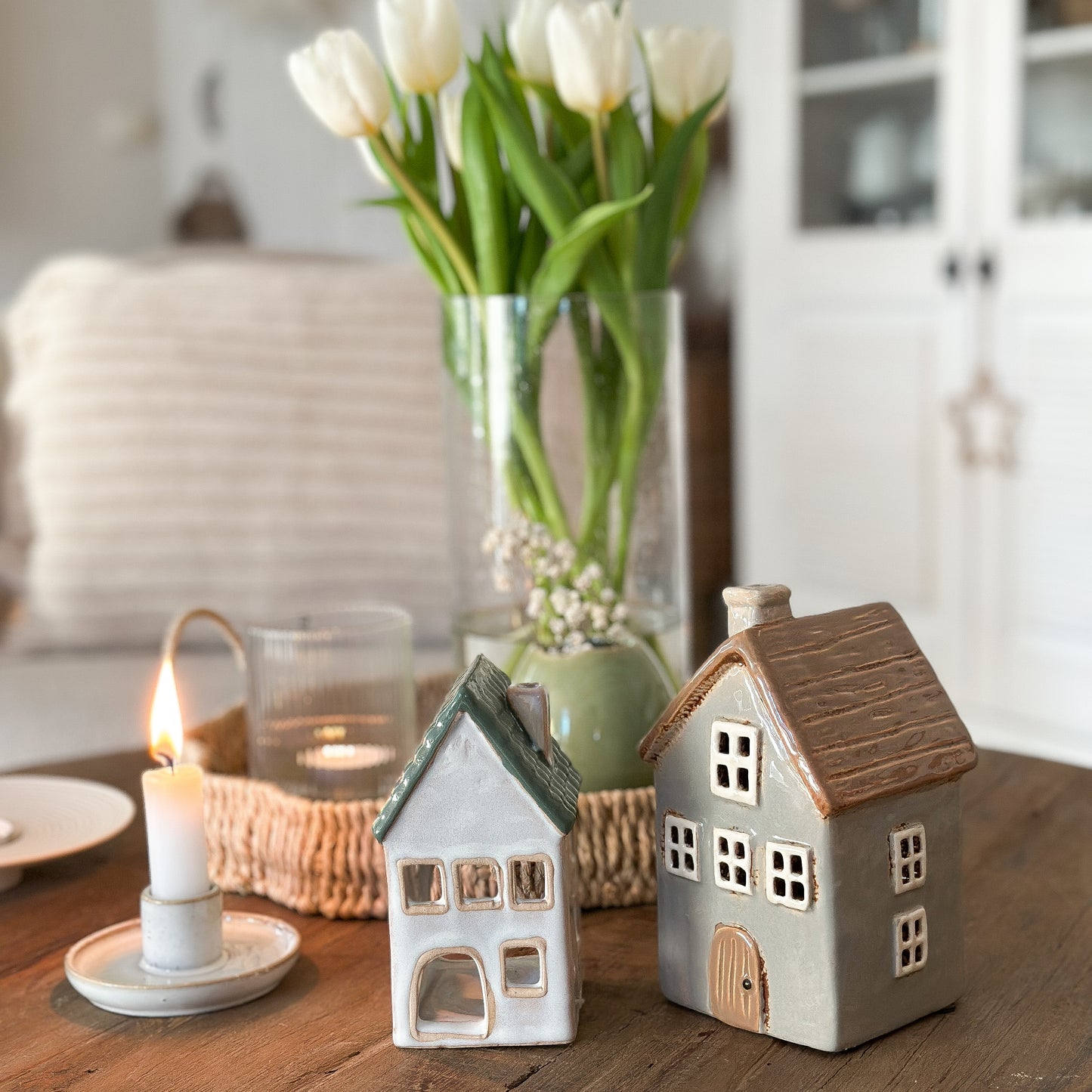 Haus Teelichthalter "Sten" Keramik Grau Braun 16cm