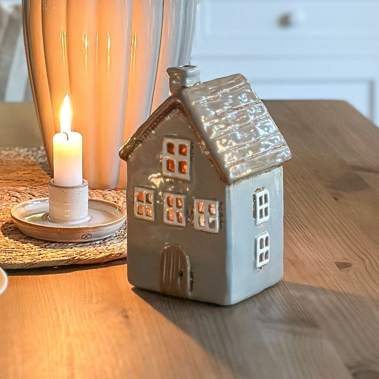 Haus Teelichthalter "Sten" Keramik Grau Braun 16cm