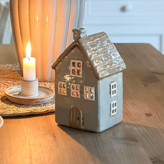 Haus Teelichthalter "Sten" Keramik Grau Braun 16cm