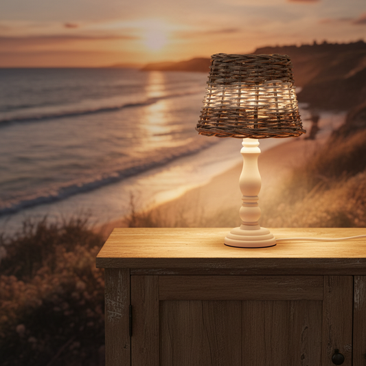 Tischlampe „Cape Cod“ von Clayre & Eef, Holz und Rattan, weiße Leuchte in natürlichem Design für Wohnzimmer oder Schlafzimmer