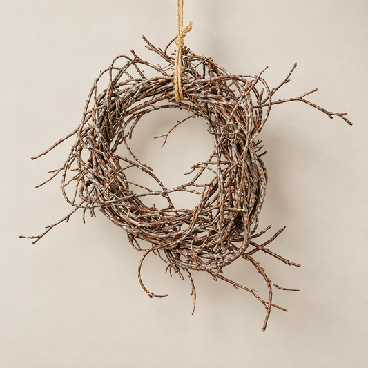 Braun-grauer Dekokranz Betula 16 cm in Zweigoptik mit Aufhängeschlaufe von vorn