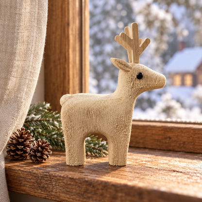 Kleines Holzrentier Sago auf einer winterlichen Fensterbank