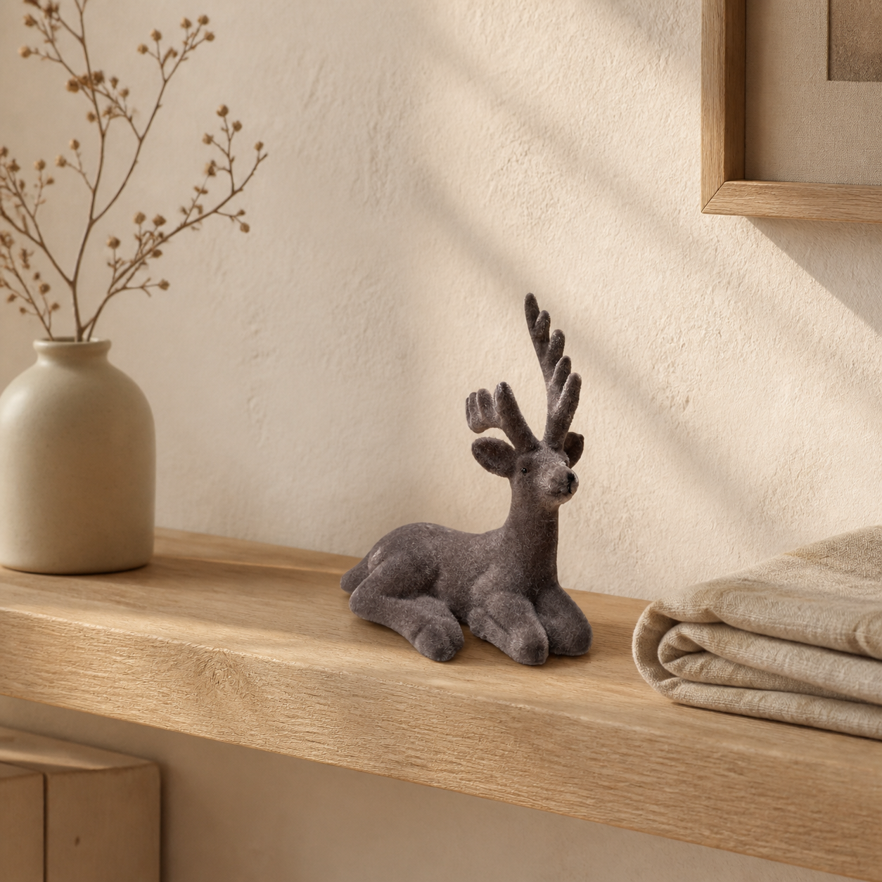 Dekofigur Hirsch „Waldruh“ liegend beflockt Braun 15cm – 04 ambiente weit