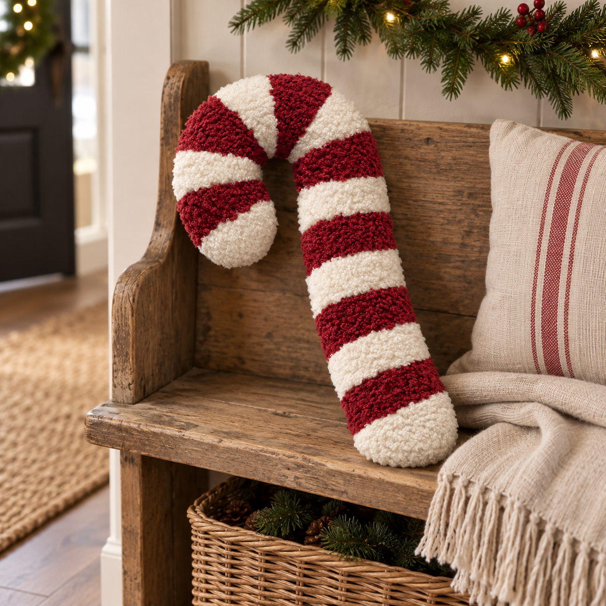 Zuckerstangen-Kissen Candy Cane auf einer Holzbank mit Leinentuch und winterlichem Grün.