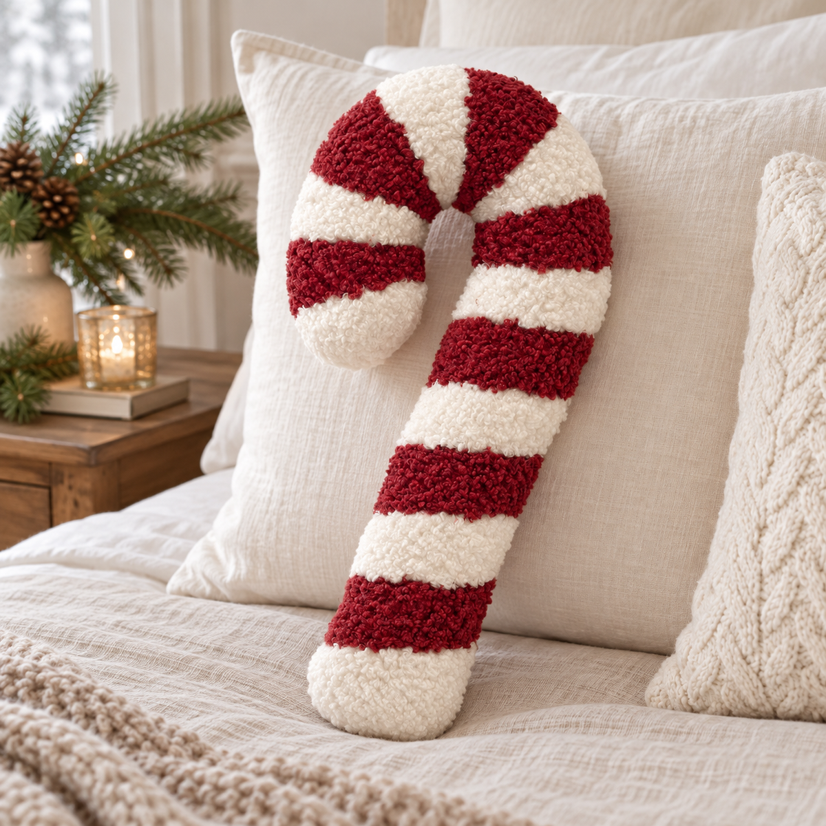 Candy Cane Bouclé-Dekokissen vor hellen Leinenkissen auf einem winterlich dekorierten Bett.