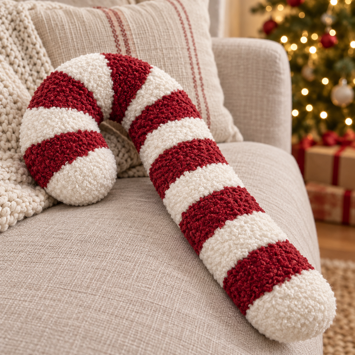 Candy Cane Kissen liegend auf einem Leinensofa, aus seitlicher Perspektive im Weihnachtsambiente.