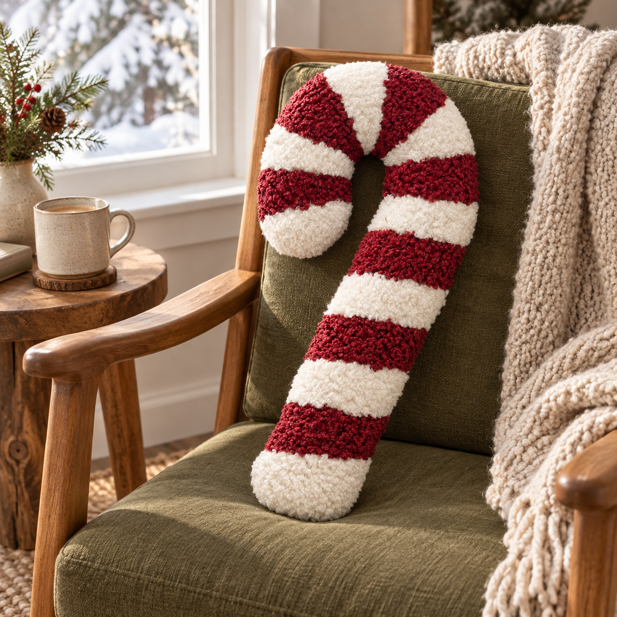 Dekokissen Candy Cane auf einem Sessel mit olivfarbenem Sitzpolster am winterlichen Fenster.