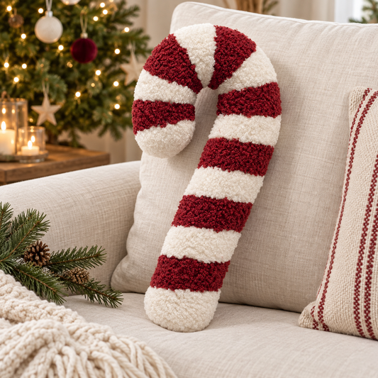 Rot-weißes Bouclé-Kissen Candy Cane auf einem cremefarbenen Sofa im Weihnachtsambiente.