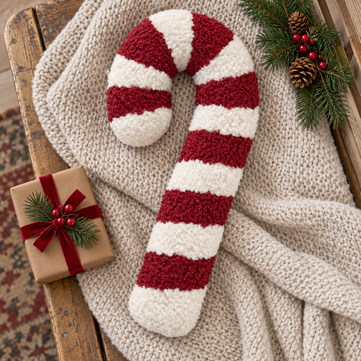 Zuckerstangen-Kissen Candy Cane diagonal auf einer Strickdecke, von oben fotografiert.