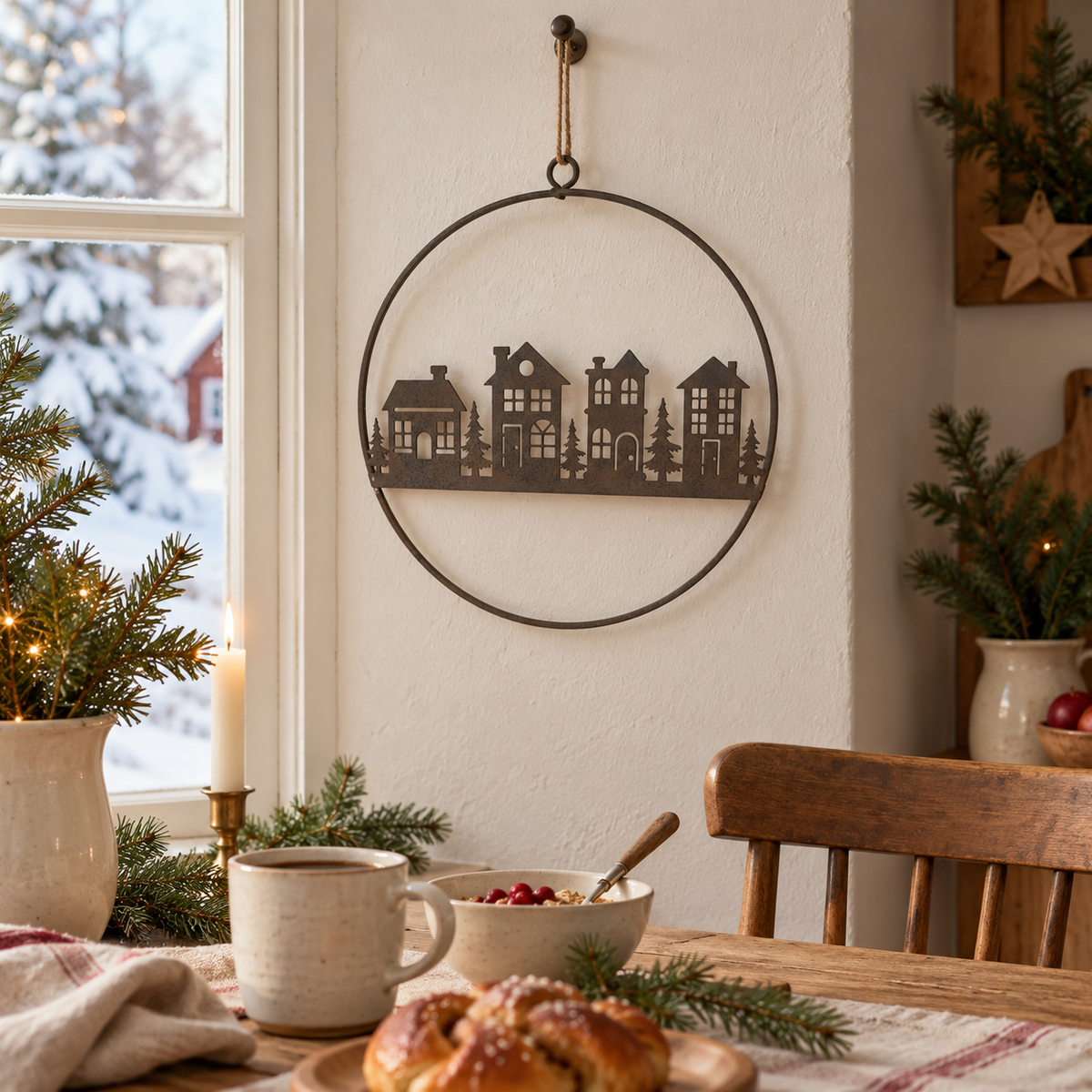 Rostbrauner Dekoring Vinterby mit vier Häusern in einer winterlichen Frühstücksszene am Fenster