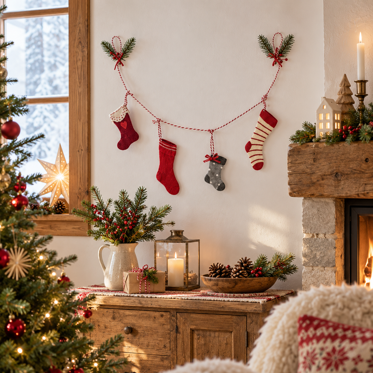 Filzgirlande „Nordic Pixie“ Weihnachtsstrümpfe 75cm im weihnachtlichen Landhausambiente