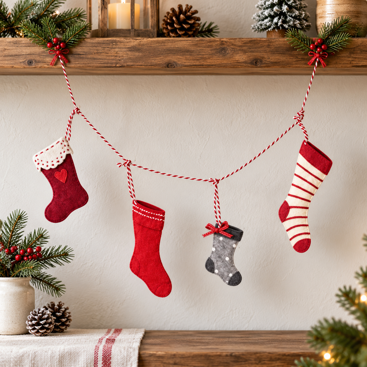 Filzgirlande „Nordic Pixie“ Weihnachtsstrümpfe 75cm in einer winterlichen Nahaufnahme