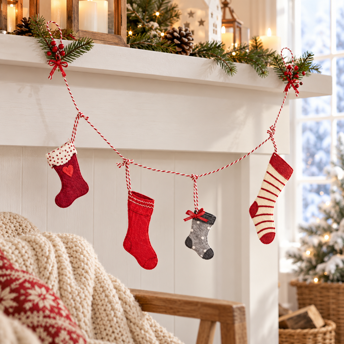 Filzgirlande „Nordic Pixie“ Weihnachtsstrümpfe 75cm aus anderer Perspektive im winterlichen Setting