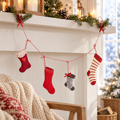 Filzgirlande „Nordic Pixie“ Weihnachtsstrümpfe 75cm aus anderer Perspektive im winterlichen Setting