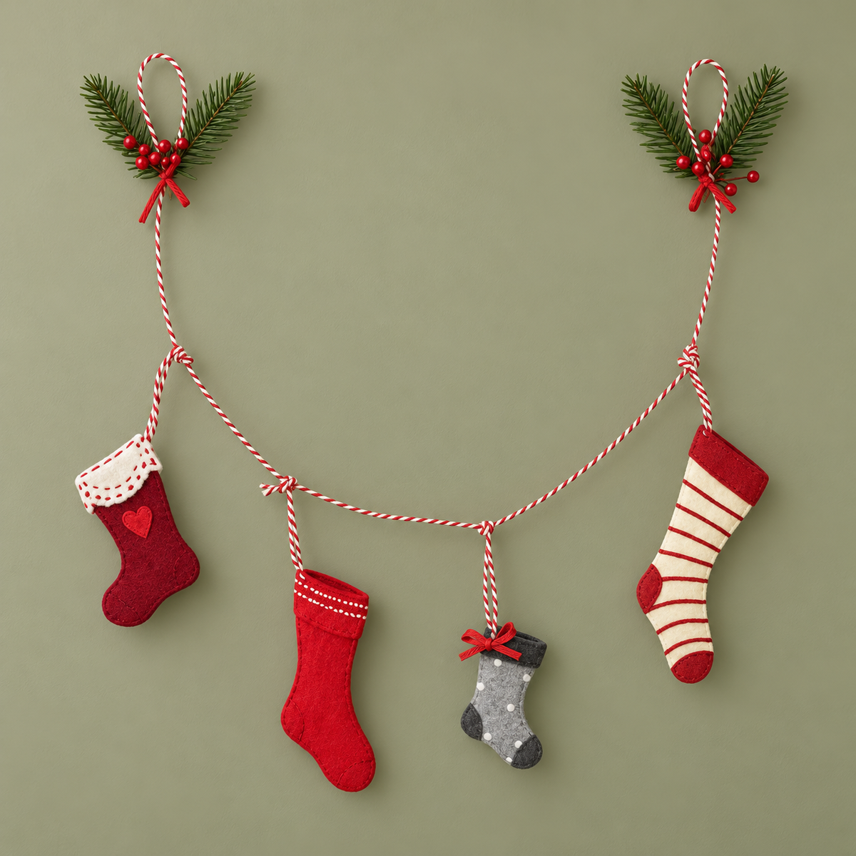 Filzgirlande „Nordic Pixie“ Weihnachtsstrümpfe 75cm vor ruhigem kontrastierendem Hintergrund