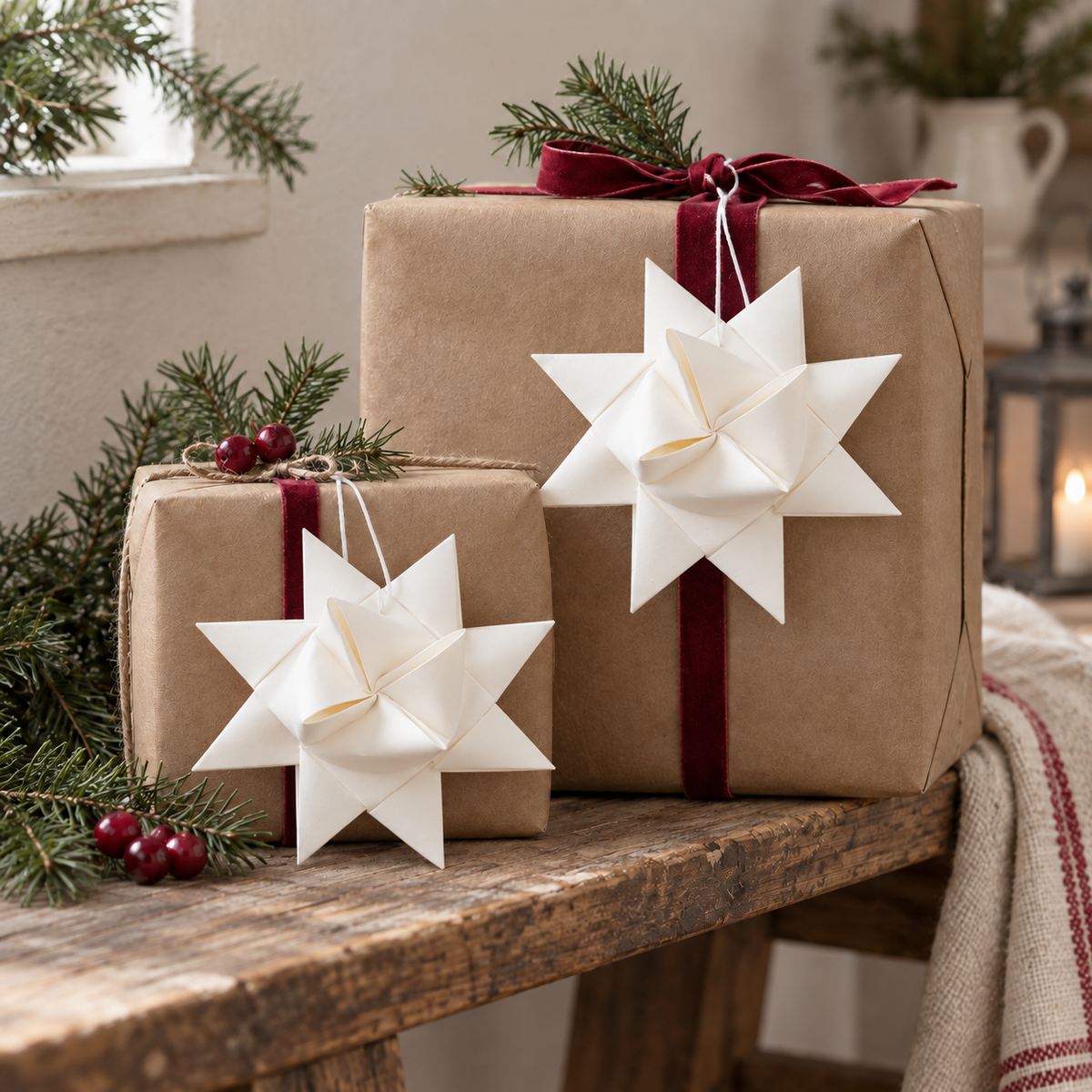 Zwei große weiße Fröbelsterne Winterfalten aus Papier, 16 cm, an Geschenken mit rotem Samtband