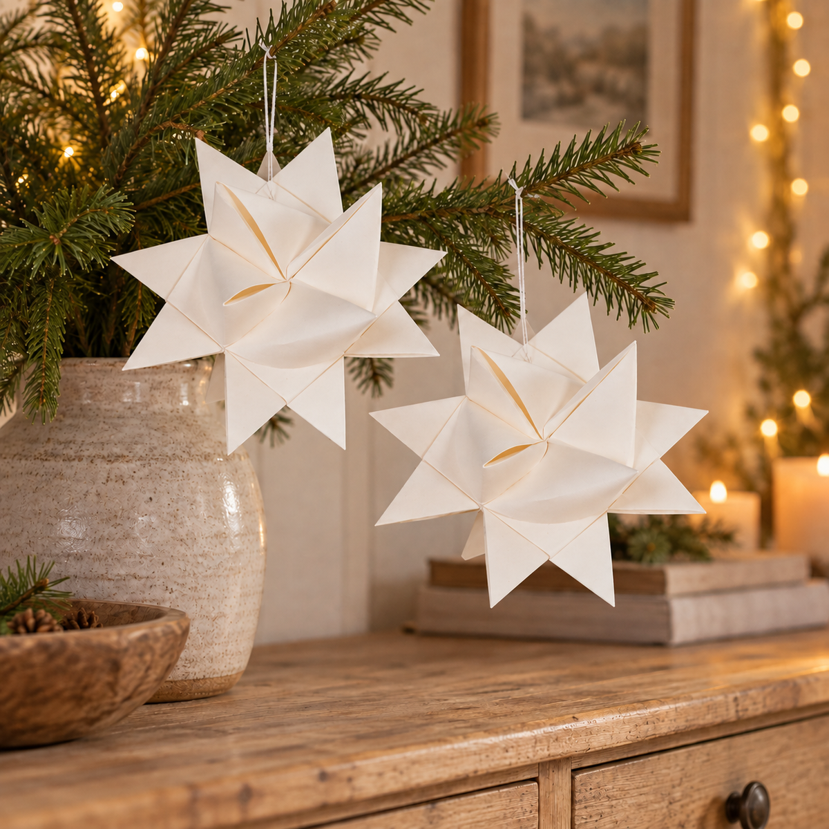 Zwei große weiße Fröbelsterne Winterfalten aus Papier, 16 cm, an winterlichen Tannenzweigen