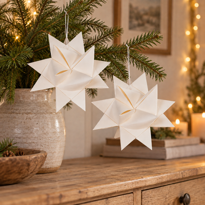 Zwei große weiße Fröbelsterne Winterfalten aus Papier, 16 cm, an winterlichen Tannenzweigen
