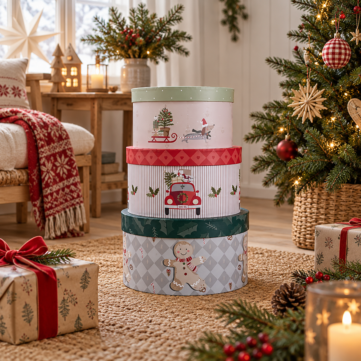 Geschenkboxen Weihnachten rund – 3er-Set im weihnachtlichen Landhausambiente