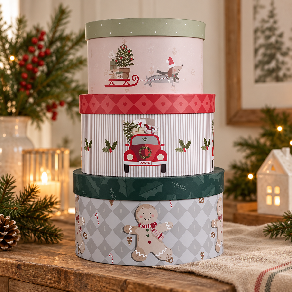 Geschenkboxen Weihnachten rund – 3er-Set in einer winterlichen Nahaufnahme