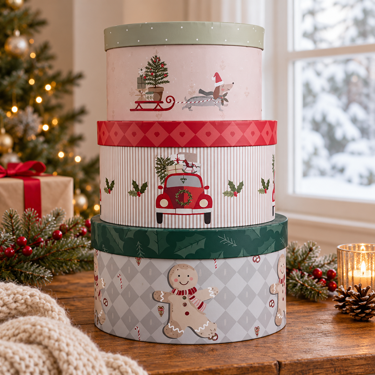 Geschenkboxen Weihnachten rund – 3er-Set aus anderer Perspektive im winterlichen Setting
