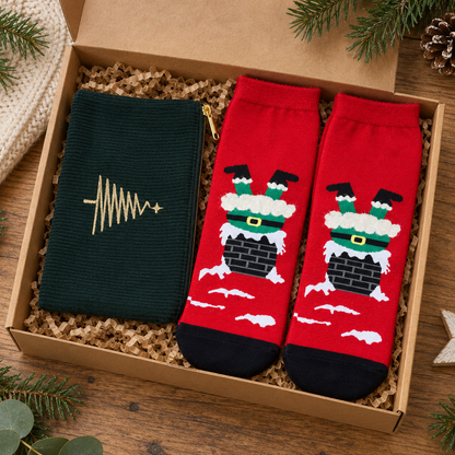 Geschenkset „Tannenfreude“ Reißverschlusstasche und Socken Grün/Rot 36–40 in einer offenen Geschenkschachtel mit Tannengrün