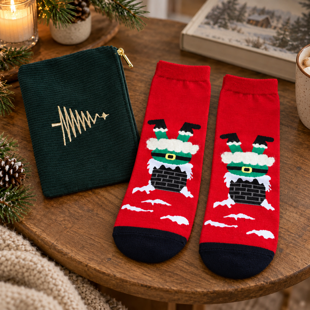 Geschenkset „Tannenfreude“ Reißverschlusstasche und Socken Grün/Rot 36–40 auf einem Holztisch neben Buch in winterlicher Leseecke