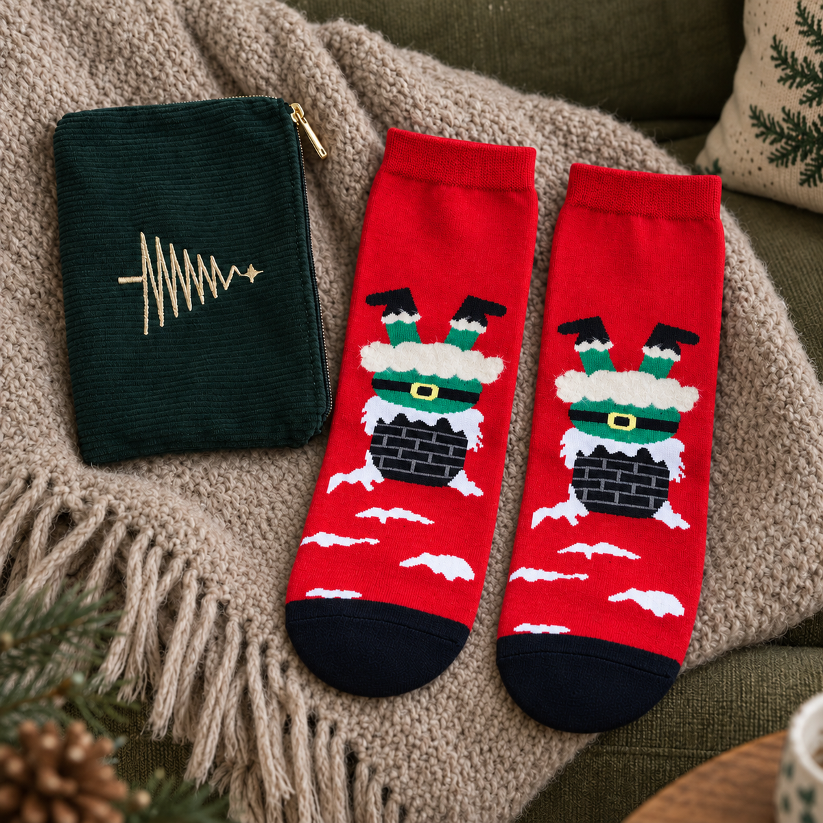 Geschenkset „Tannenfreude“ Reißverschlusstasche und Socken Grün/Rot 36–40 auf einer Strickdecke im gemütlichen Wohnzimmer