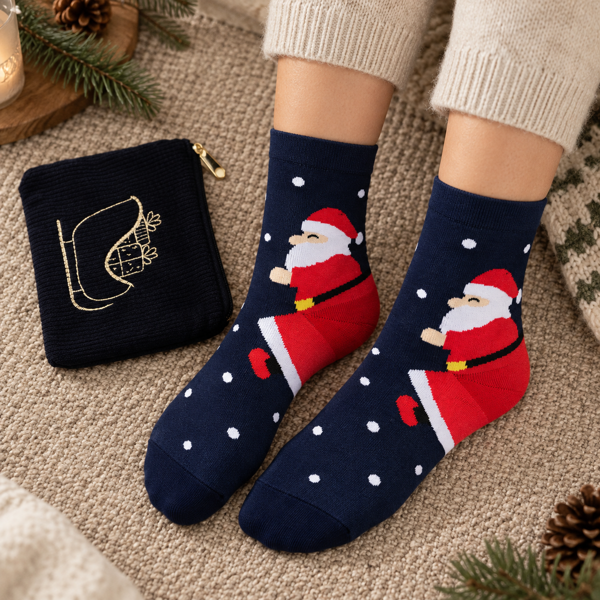 Dunkelblaue Weihnachtssocken Winterstiefel an den Füßen mit passender Tasche im Hintergrund