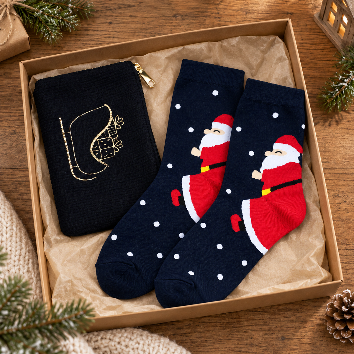 Geschenkset „Winterstiefel“ Reißverschlusstasche und Socken Dunkelblau 36–40 in einer offenen Geschenkschachtel mit Tannengrün
