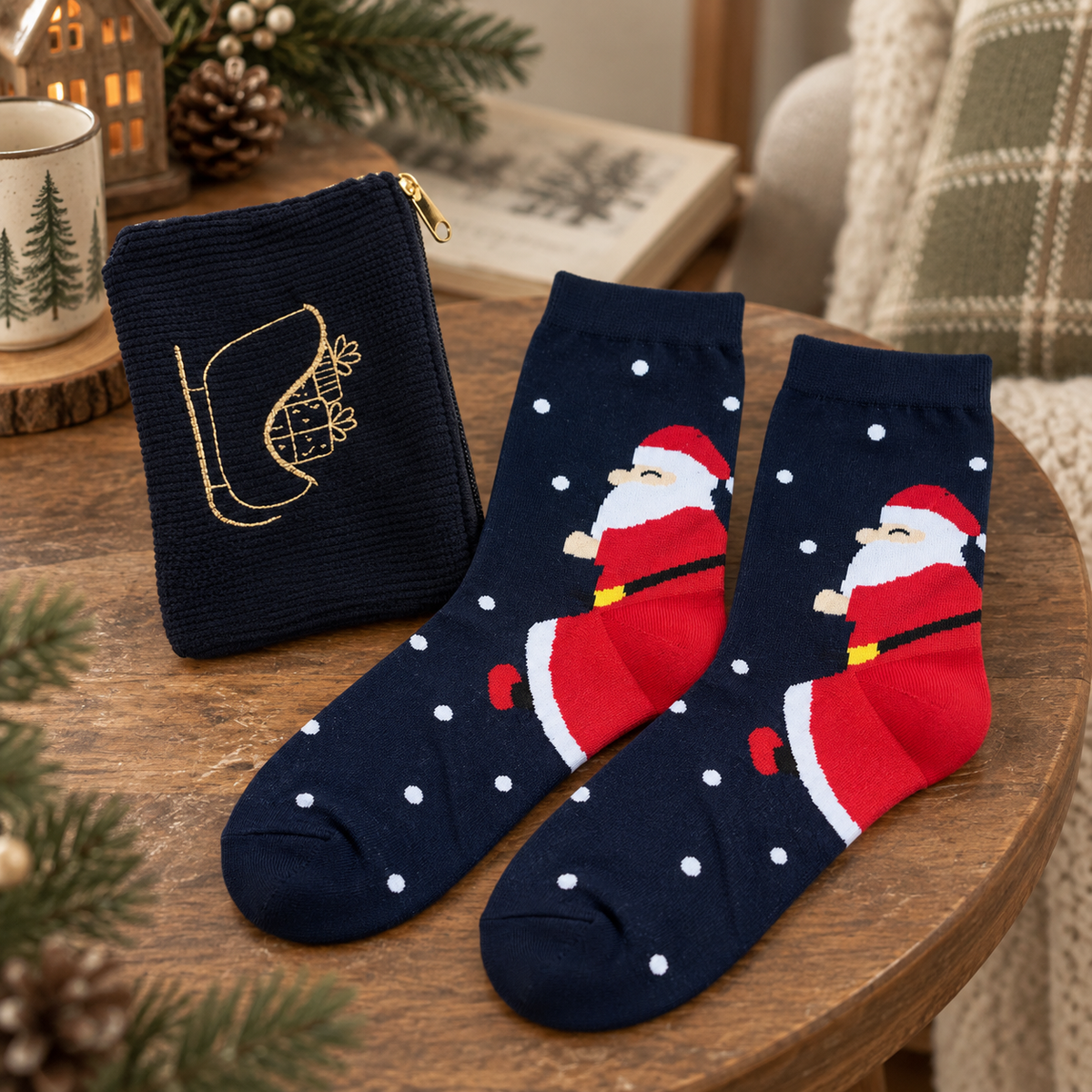Geschenkset „Winterstiefel“ Reißverschlusstasche und Socken Dunkelblau 36–40 auf einem Holztisch neben Buch in winterlicher Leseecke
