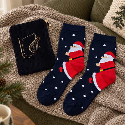 Geschenkset „Winterstiefel“ Reißverschlusstasche und Socken Dunkelblau 36–40 auf einer Strickdecke im gemütlichen Wohnzimmer