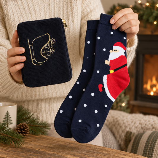 Dunkelblaue Tasche und Weihnachtssocken des Sets Winterstiefel in Händen gehalten