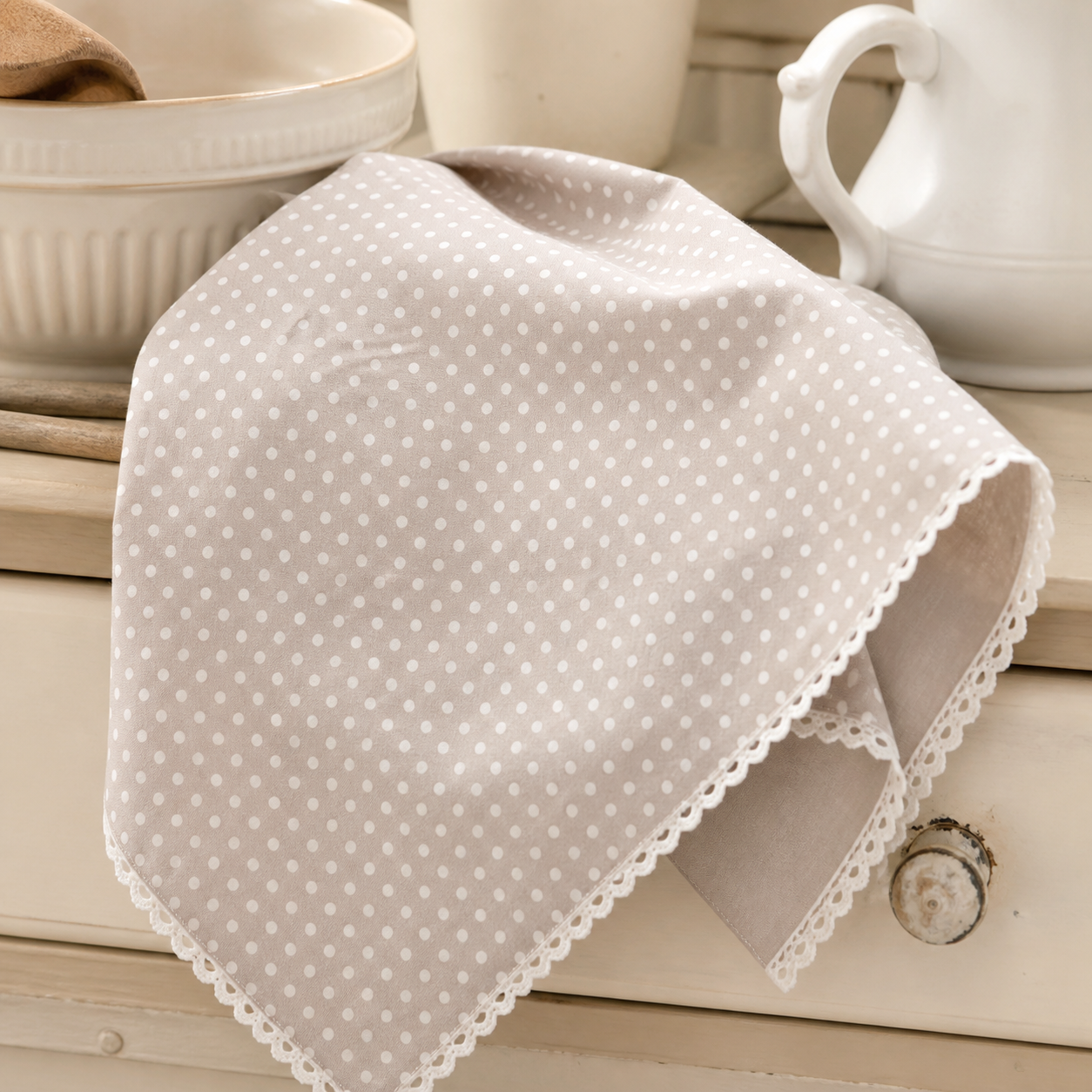 Geschirrtuch "Dotty" Beige Punkte Baumwolle 70cm – 02 ambiente nah