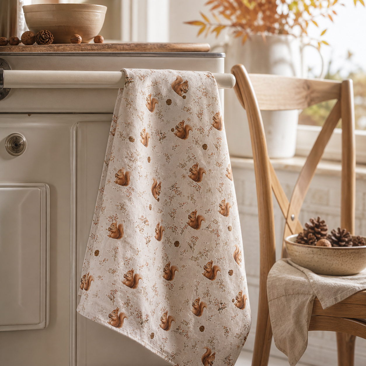 Geschirrtuch Eichhörnchen Beige Baumwolle im herbstlichen Landhaus Küchen Ambiente