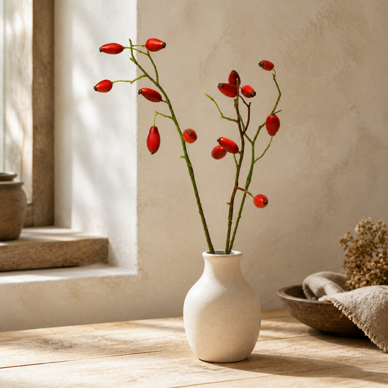 Hagebuttenzweig „Herbstpoesie“ künstlich Rot 46cm – 02 ambiente nah