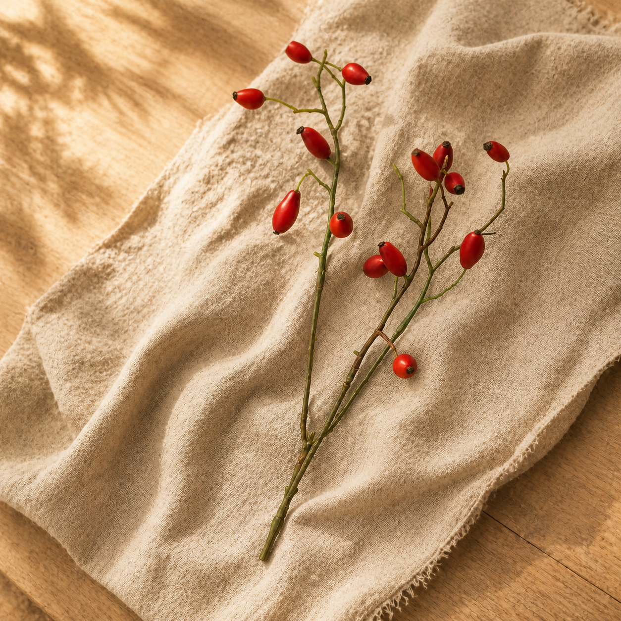 Hagebuttenzweig „Herbstpoesie“ künstlich Rot 46cm – 03 ambiente draufsicht
