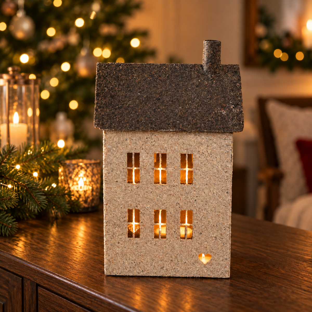 Teelichthaus mit warm beleuchteten Fenstern auf einer weihnachtlichen Kommode mit durchscheinendem Teelicht in der Herzöffnung