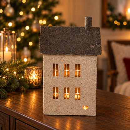 Teelichthaus mit warm beleuchteten Fenstern auf einer weihnachtlichen Kommode mit durchscheinendem Teelicht in der Herzöffnung