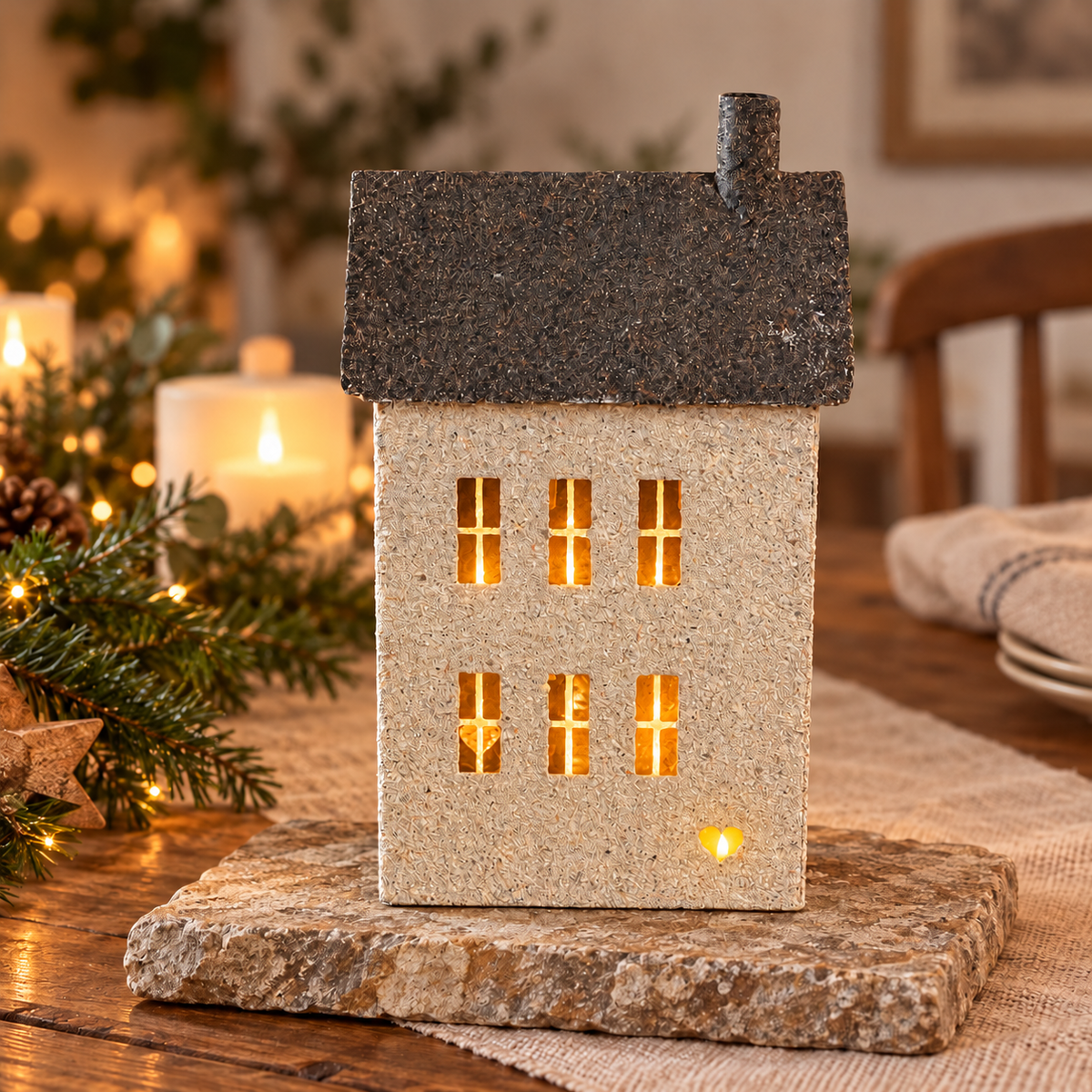 Haus mit Herz und warmem Licht auf einer Steinplatte als weihnachtliche Tischdekoration mit durchscheinendem Teelicht in der Herzöffnung