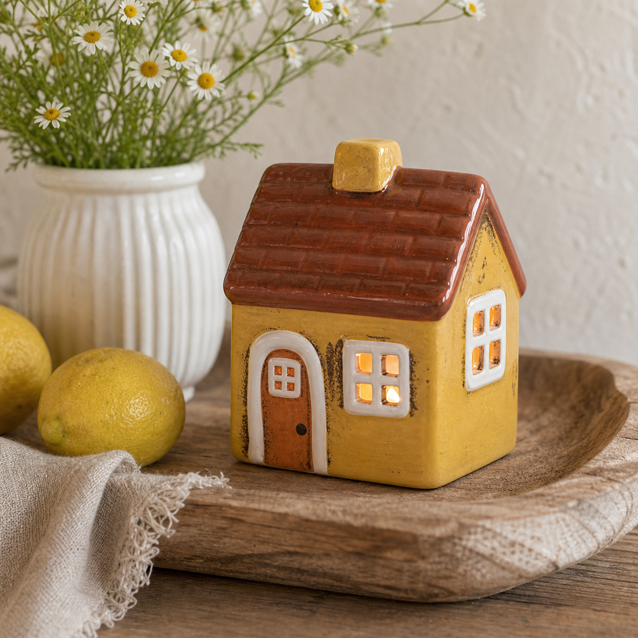 Haus Teelichthalter Lina Keramik Gelb Braun nahes Landhaus Ambiente