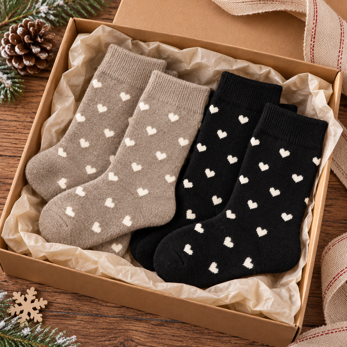Zwei Paar Herzsocken in Taupe/Schwarz als Geschenkidee in einer offenen Schachtel