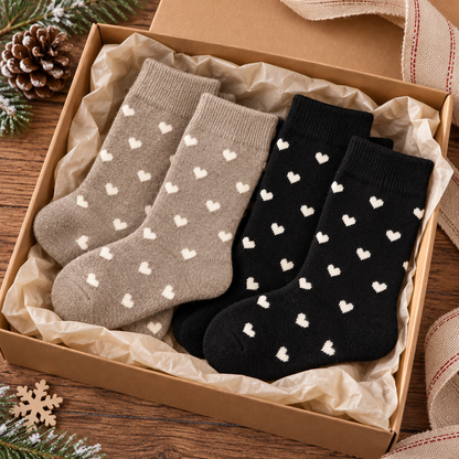 Zwei Paar Herzsocken in Taupe/Schwarz als Geschenkidee in einer offenen Schachtel