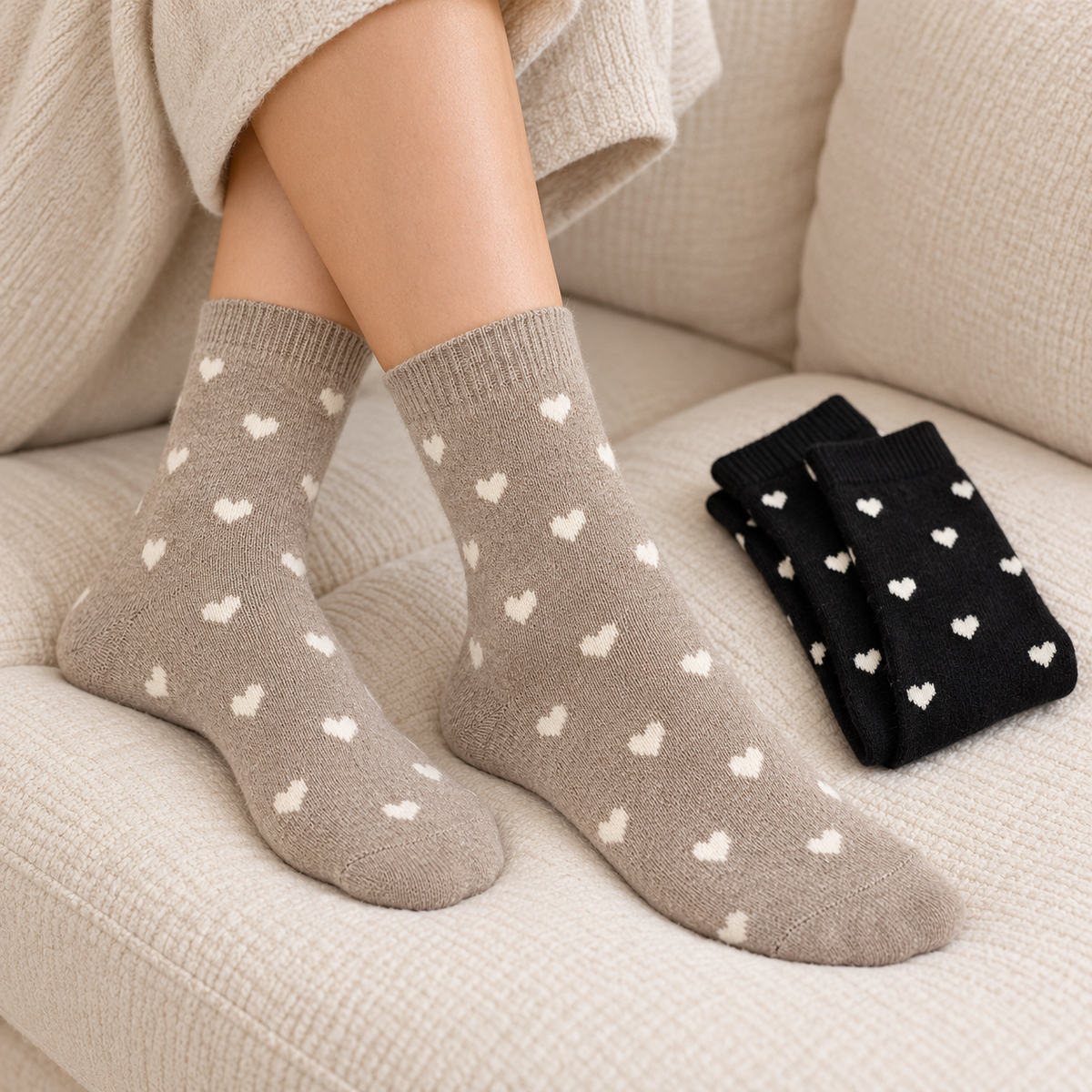 Taupefarbene Herzsocken an den Füßen auf einem Sofa, das zweite Paar daneben