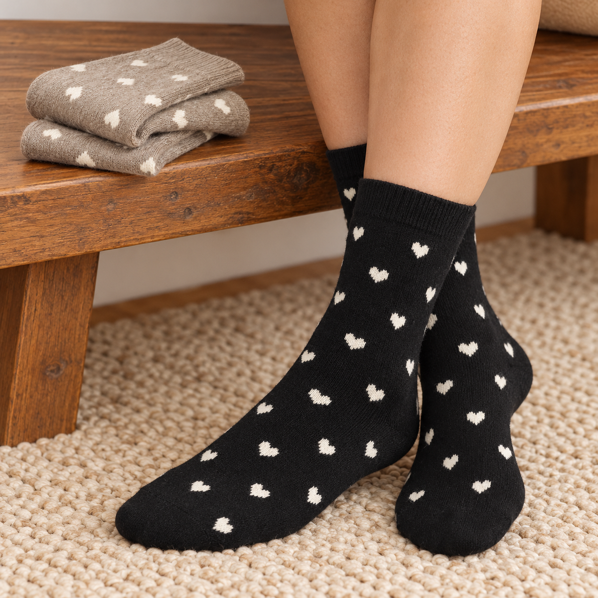 Schwarze Herzsocken getragen vor einer Holzbank, das zweite Paar auf der Bank