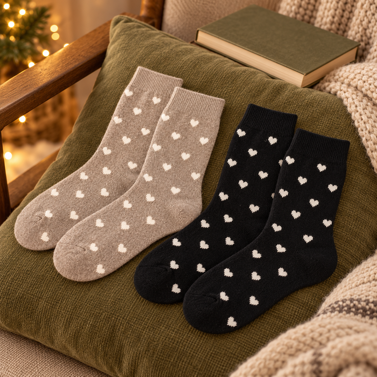 Herzsocken-Set in Taupe/Schwarz auf einem olivgrünen Kissen in einer Leseecke