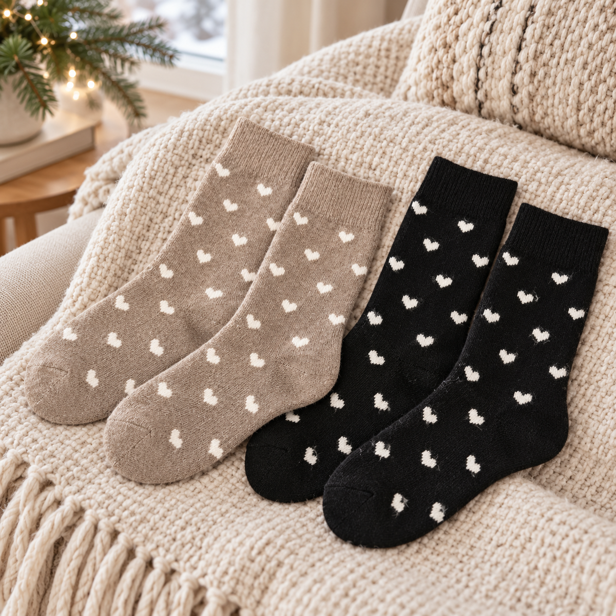 Herzsocken-Set in Taupe/Schwarz auf einer cremefarbenen Sofadecke