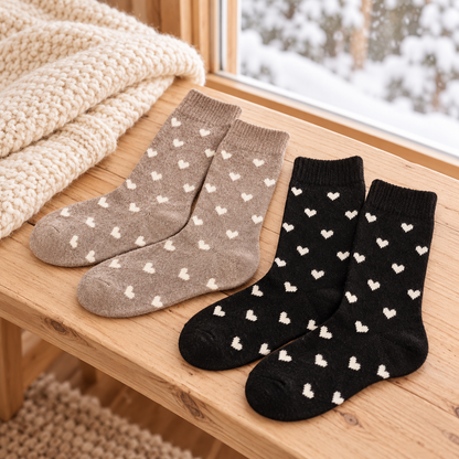 Herzsocken in Taupe/Schwarz auf einer Holzbank vor einem winterlichen Fenster