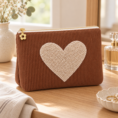 Kosmetiktasche Herzstück aus Cord mit Teddyherz in Choco – auf dem Schminktisch